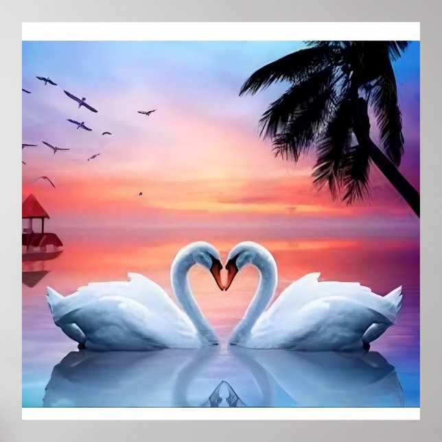 Romantic Heart Swans Tropical Sunset Paradise Poster (Front)