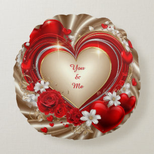 Romantic Heart Theme With Red Roses Round Cushion
