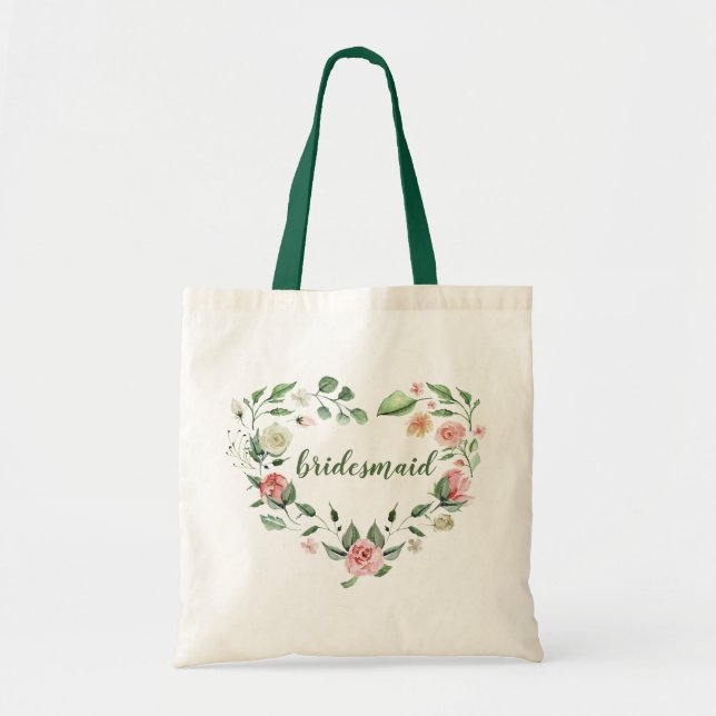 Romantic Heart Watercolor Rose Wreath Bridesmaid Tote Bag (Front)