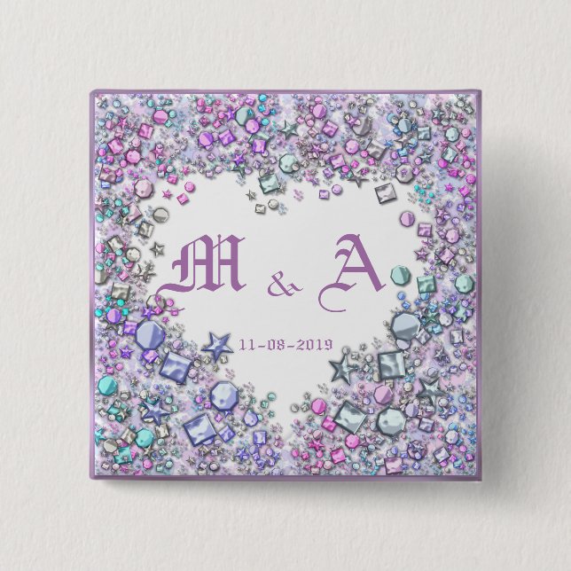 Romantic Heart Wedding Couple Date Initials Pink 15 Cm Square Badge (Front)