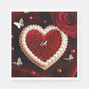 Romantic Heart With Pearl Border Napkin