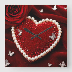 Romantic Heart With Pearl Border Square Wall Clock