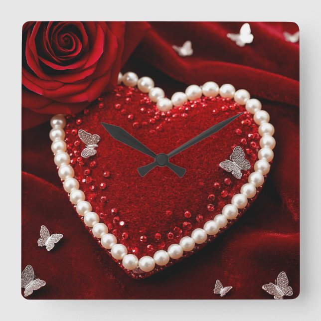 Romantic Heart With Pearl Border Square Wall Clock (Front)
