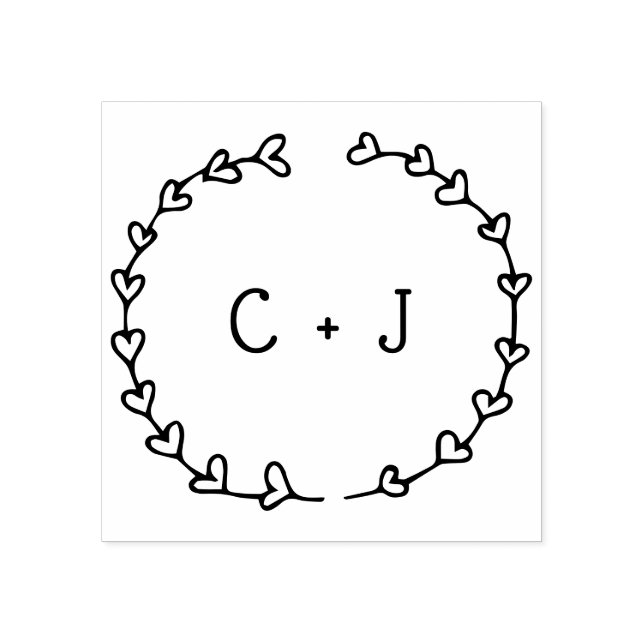 Romantic Heart Wreath Personalised Monogram Rubber Stamp (Imprint)