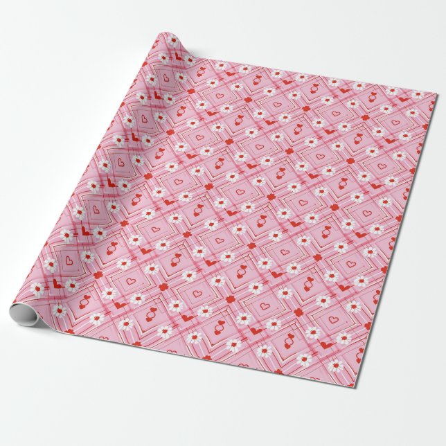 Romantic Hearts and Flowers Diamond Wrapper Wrapping Paper (Unrolled)