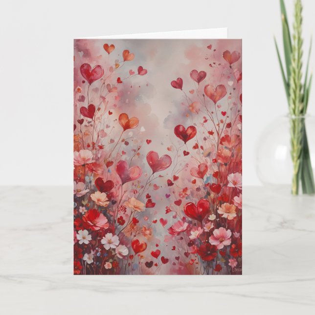 Romantic Hearts and Flowers Valentine Card (Front)