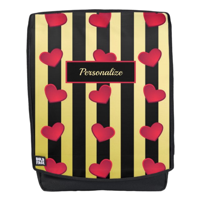 Romantic Hearts Black & Gold Stripes Personalise Backpack (Front)