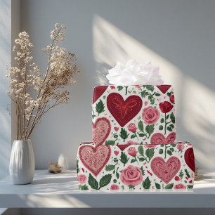 Romantic Hearts Meets Botanical Elegance Rustic Wrapping Paper