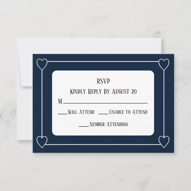 Romantic Hearts Modern Dark Blue Simple Wedding RSVP Card (Front)