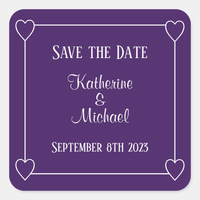 Romantic Hearts Modern Dark Purple Simple Wedding Square Sticker (Front)