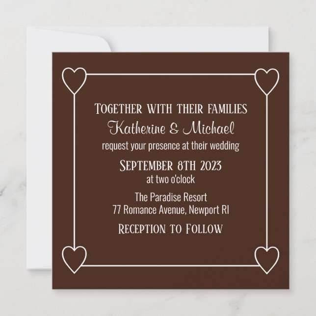 Romantic Hearts Modern Simple Dark Brown Wedding Invitation (Front)