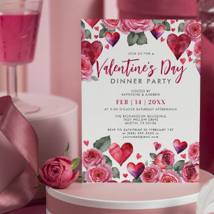 Romantic Hearts & Roses Valentine's Day Dinner Invitation