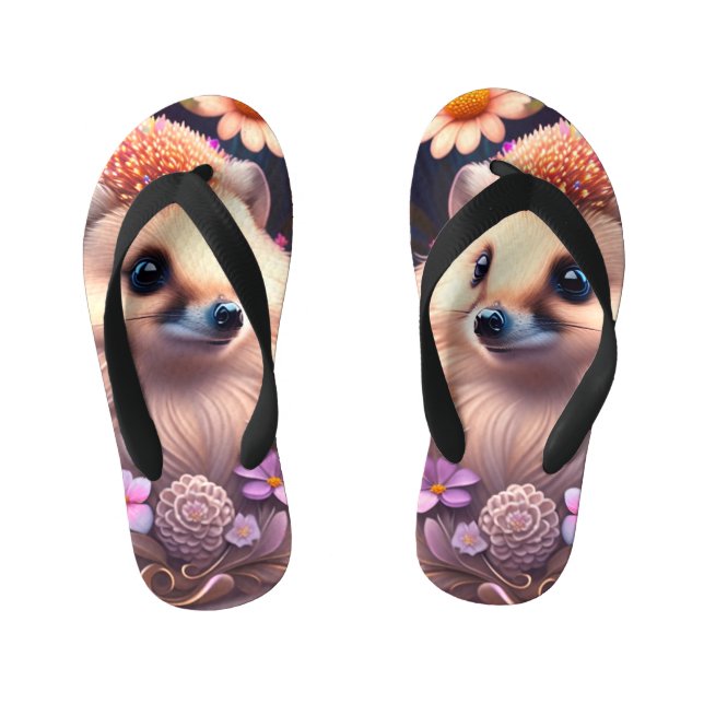 Romantic Hedgehog with Flowers Kid's Jandals (Footbed)