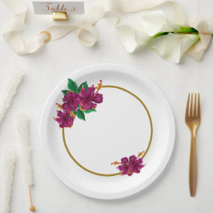 romantic hibiscus flowers botanical paper plate