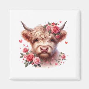 Romantic Highland Cow with Roses and Hearts – Whim Magnet
