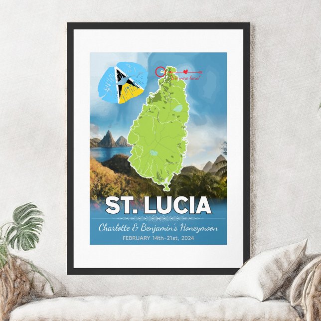 Romantic Honeymoon Caribbean St Lucia Map Poster (Romantic Honeymoon Vacation To St Lucia Map Poster - Sketch Mockup)