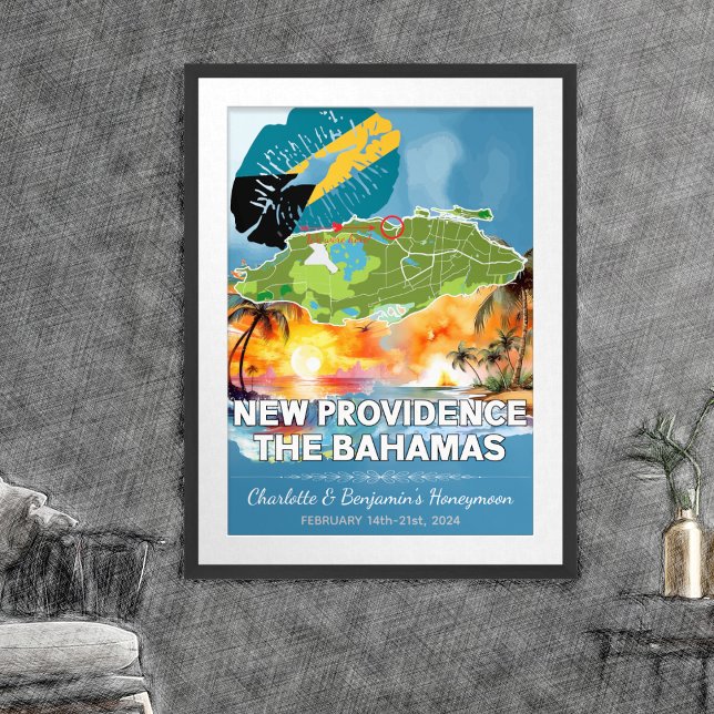 Romantic Honeymoon New Providence Bahamas Map Poster (New Providence Bahamas Honeymoon Memories Poster - Sketch Mockup)