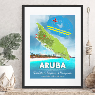 Romantic Honeymoon Vacation Aruba Island Map Poster