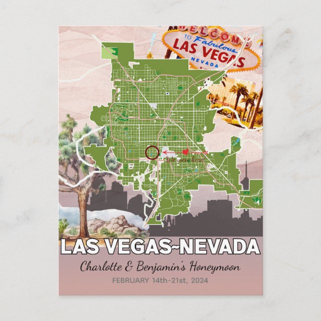Romantic Honeymoon Vacation Las Vegas Nevada Map Postcard (Front)