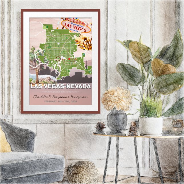 Romantic Honeymoon Vacation Las Vegas Nevada Map Poster (Las Vegas Nevada Romantic Honeymoon Vacation Memories Poster - Sketch Mockup)