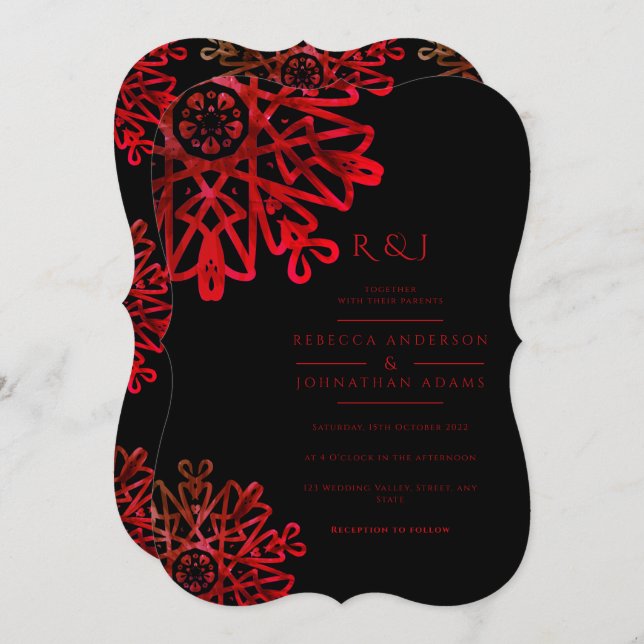Romantic Hot Red Ornamental Pattern Wedding Invitation (Front/Back)