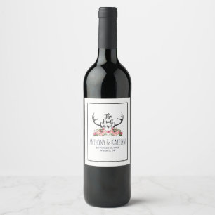 Romantic Hunt is Over Rustic Antler Floral Wedding Wine Label