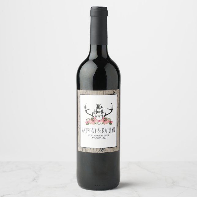 Romantic Hunt is Over Rustic Antler Floral Wedding Wine Label (Front)