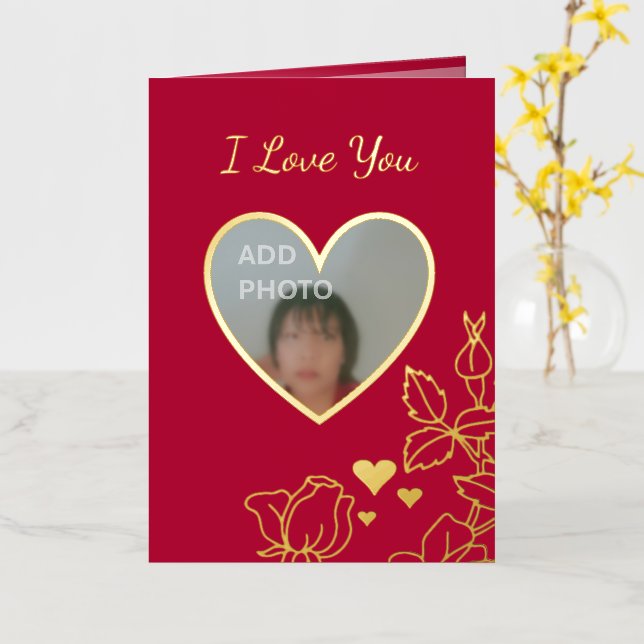 Romantic I Love You Hearts Floral Photo Foil Card (Yellow Flower)