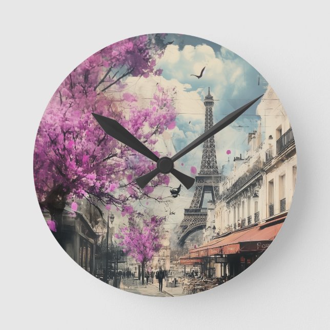 Romantic image of PAris with the Eiffel tower Round Clock (Front)