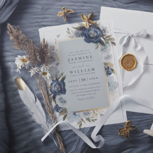 Romantic Indigo Floral Elegant Modern Wedding Invitation