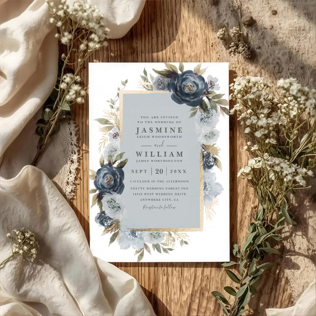 Romantic Indigo Floral Elegant QR Code Wedding Invitation (Creator Uploaded)