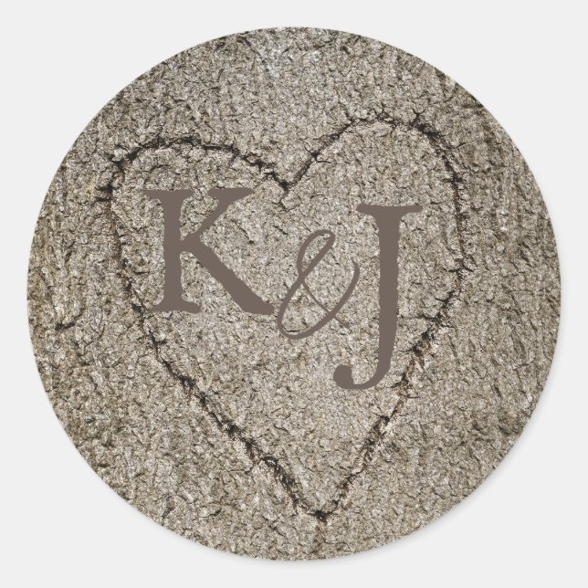 Romantic Initials Carved into Tree Heart Classic Round Sticker (Front)