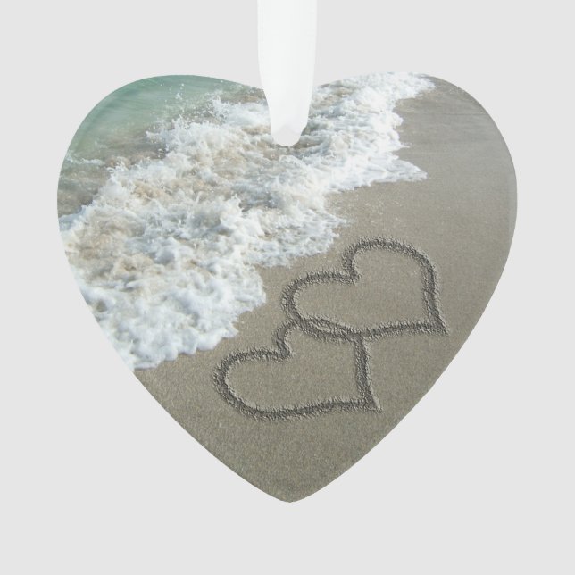 Romantic Interlocking Hearts on Beach Ornament (Front)