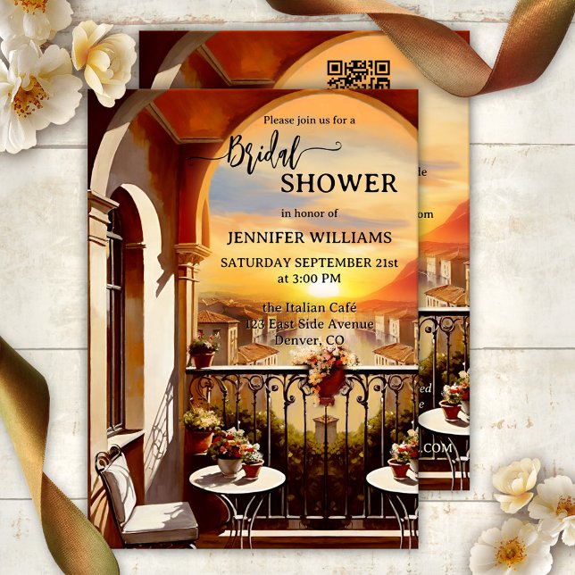 Romantic Italian Art Bridal Shower Invitation (Bridal shower invitation featuring a painting of an Italian balcony with a view of a sunset - QR)