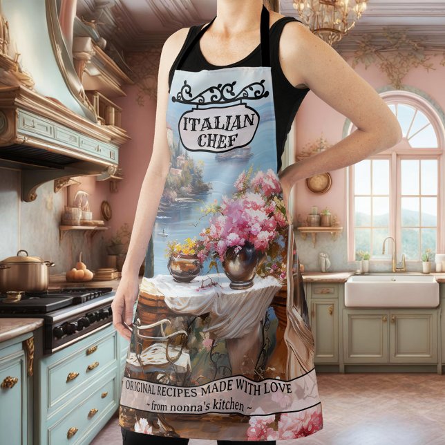 Romantic Italian Coast Nonna Apron (Romantic apron featuring a painting of the Italian coast with pink flowers and a vintage sign)