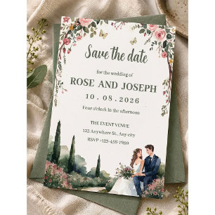 Romantic Italian Countryside Cypress Trees & Rose  Invitation