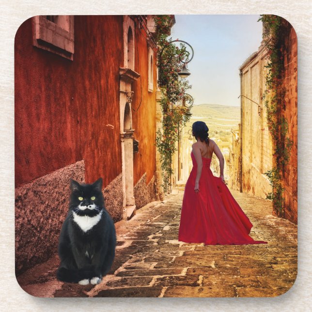 Romantic Italian Village Tuxedo Cat Coaster (Front)