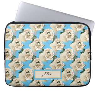 Romantic Ivory Roses on Fresh Sky Blue Laptop Slee Sleeve