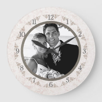 Romantic Ivory Scallop Wedding Photo Large Clock