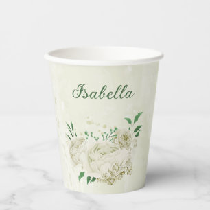 Romantic ivory white flowers greenery paper cups