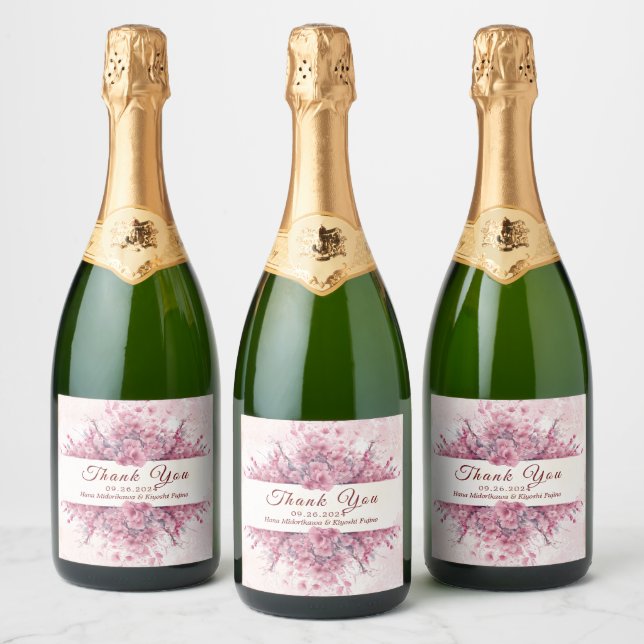 Romantic Japan Pink Cherry Blossom  Sparkling Wine Label (Bottles)