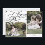 Romantic Joyful Christmas 3 Photo Year In Review Holiday Card<br><div class="desc">This romantic joyful Christmas 3 photo year in review holiday card is the perfect simple holiday greeting. The modern classic design features fancy swirls and whimsical flourishes with gorgeous elegant hand lettered typography. Personalise the card with 3 photos, your family name, first names, and year. Include a year in review...</div>