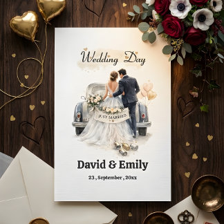 Romantic Just Married Couple & Vintage Car Invitation
