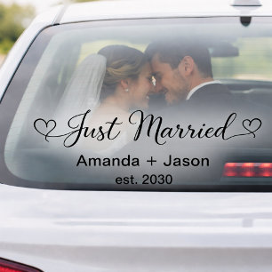 Romantic Just Married Hearts Black Script