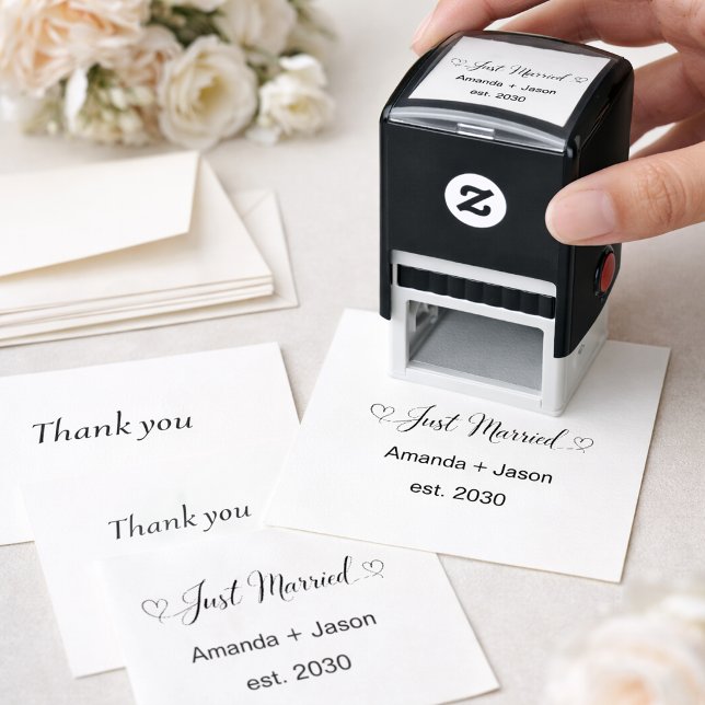 Romantic Just Married Hearts Black Script Self-inking Stamp (Creator Uploaded)