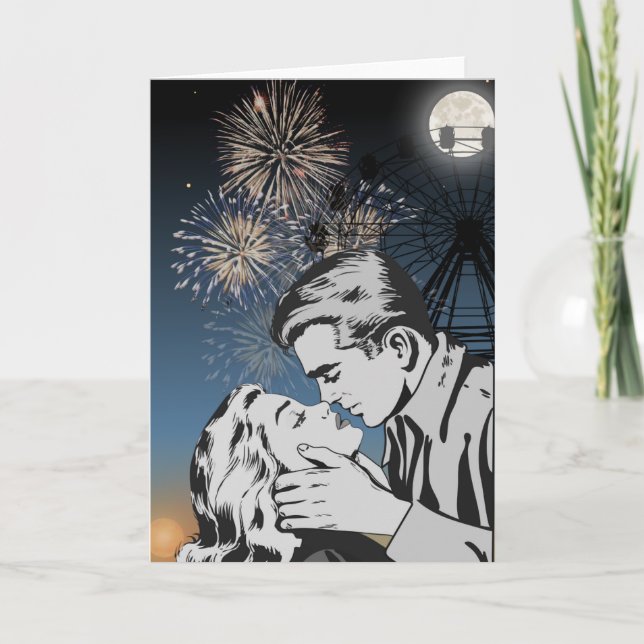 Romantic Kiss Under Fireworks Greeting Card (Front)