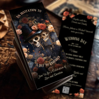 Romantic Kissing Skeletons QR Code Gothic Wedding Invitation