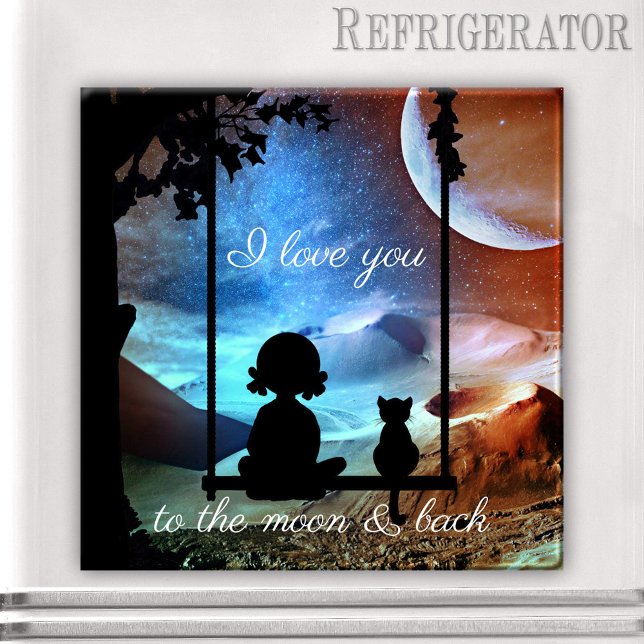 Romantic Kitty Moonlight Love Magnet (Magnet featuring a little girl and her kitty on a swing overlooking a fantasy landscape with moon)