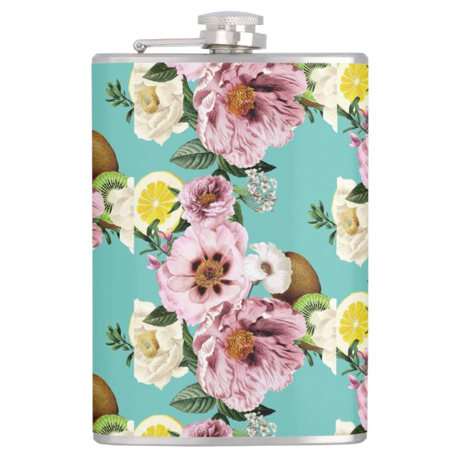 Romantic kiwi, lemon and peony pattern    hip flask (Front)