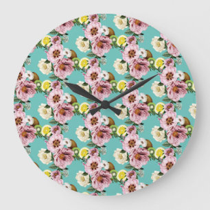 Romantic kiwi, lemon and peony pattern large clock